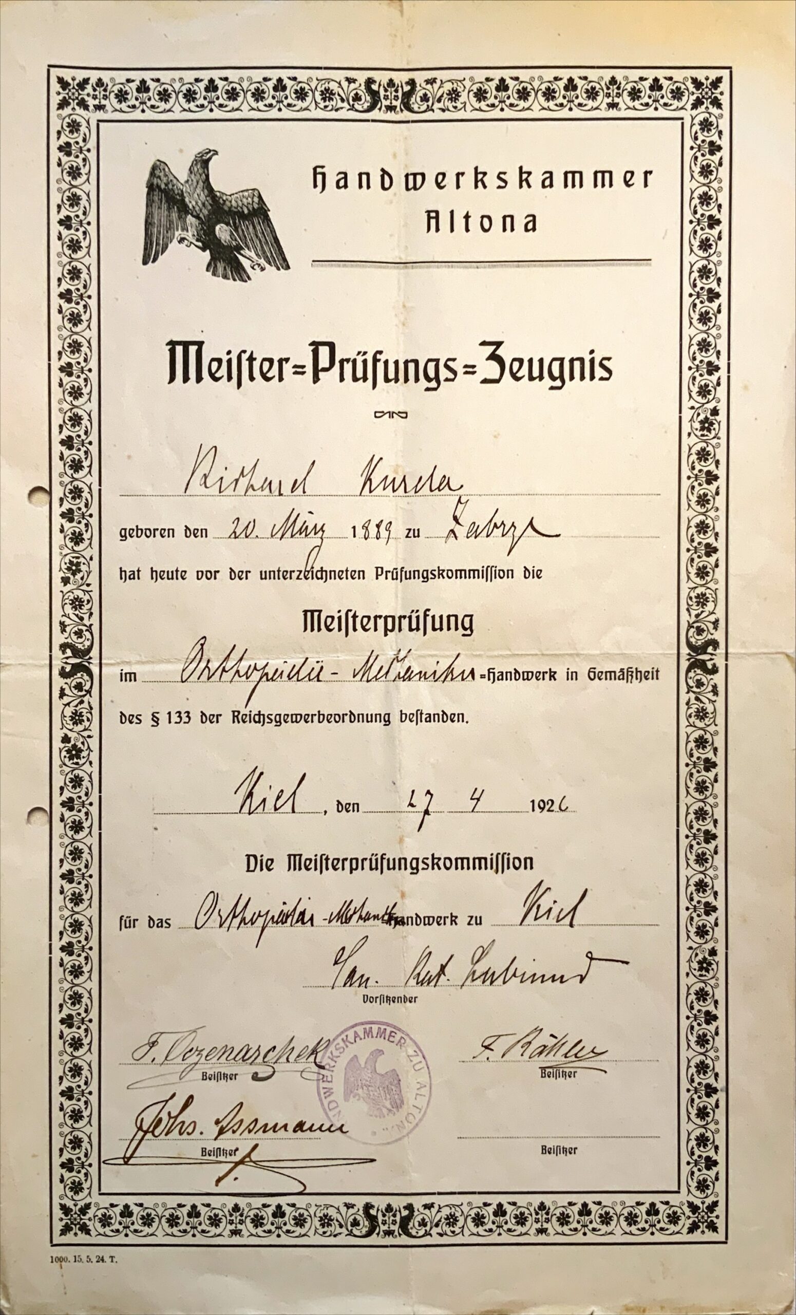1926 Meisterbrief Meisterpruefungs Zeugnis RichardKurda scaled