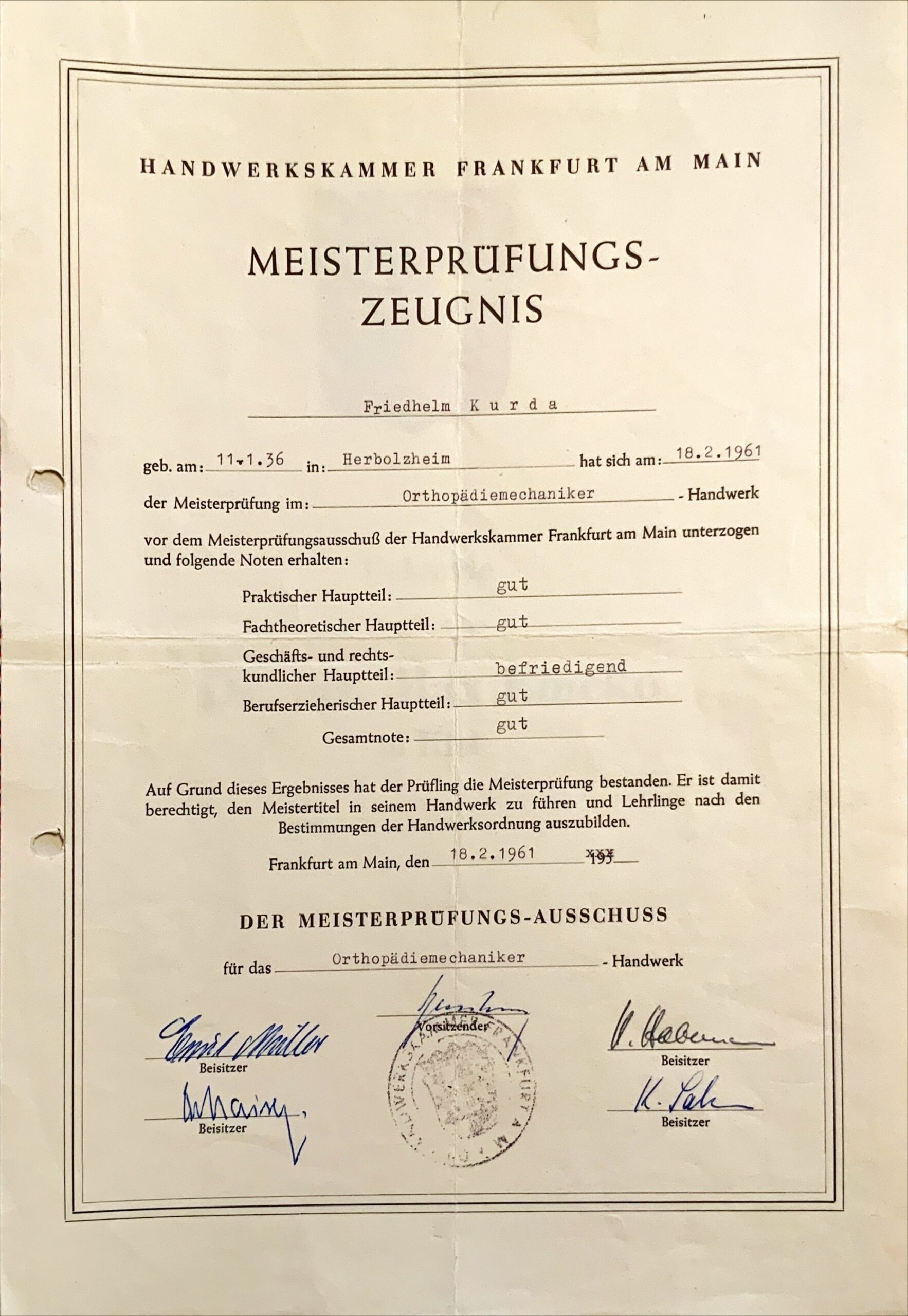 1961 Meisterbrief Meisterpruefungs Zeugnis FriedhelmKurda scaled