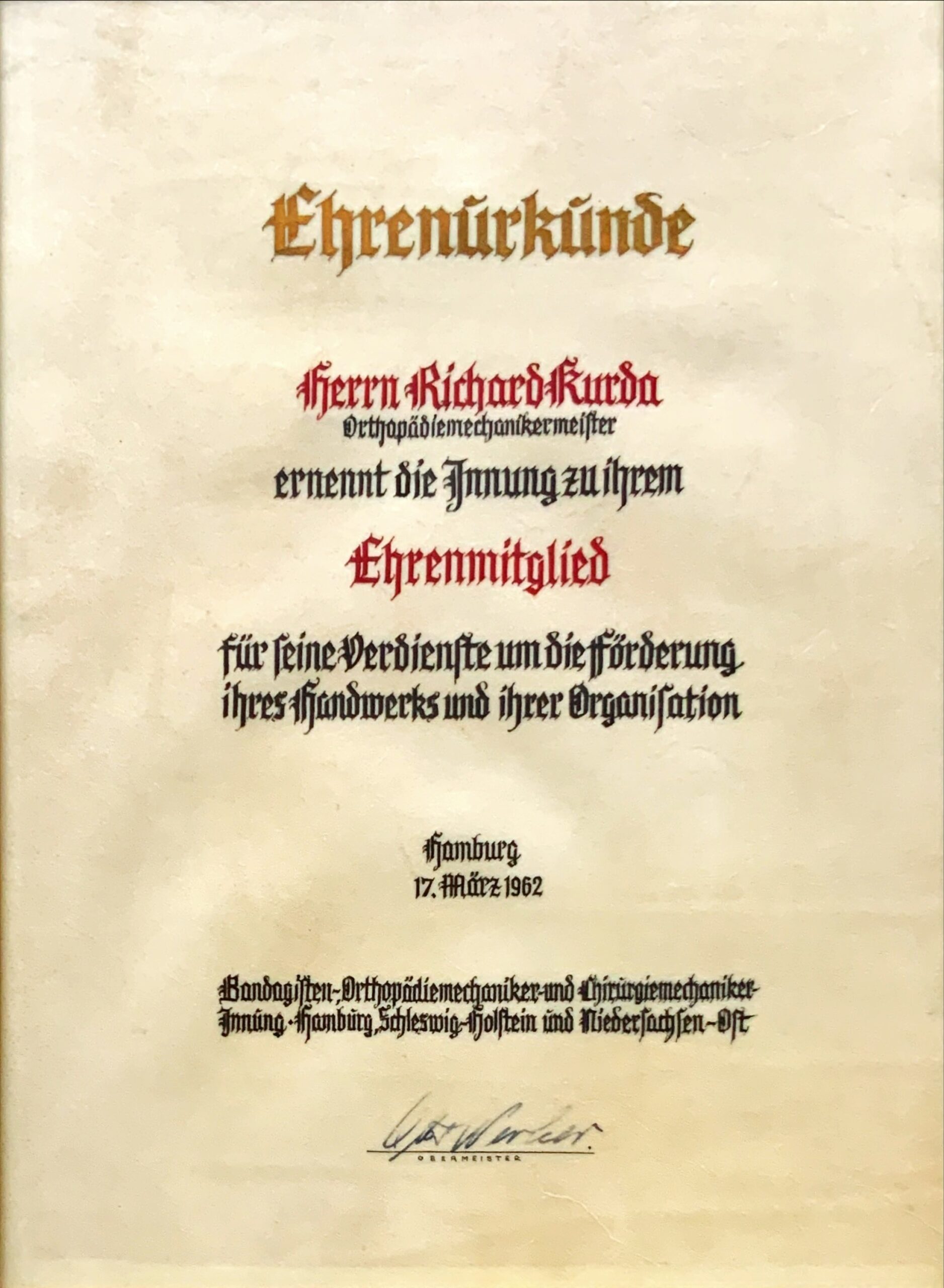 1962 Ehrenurkunden EhrenmitgliedInnung RichardKurda scaled