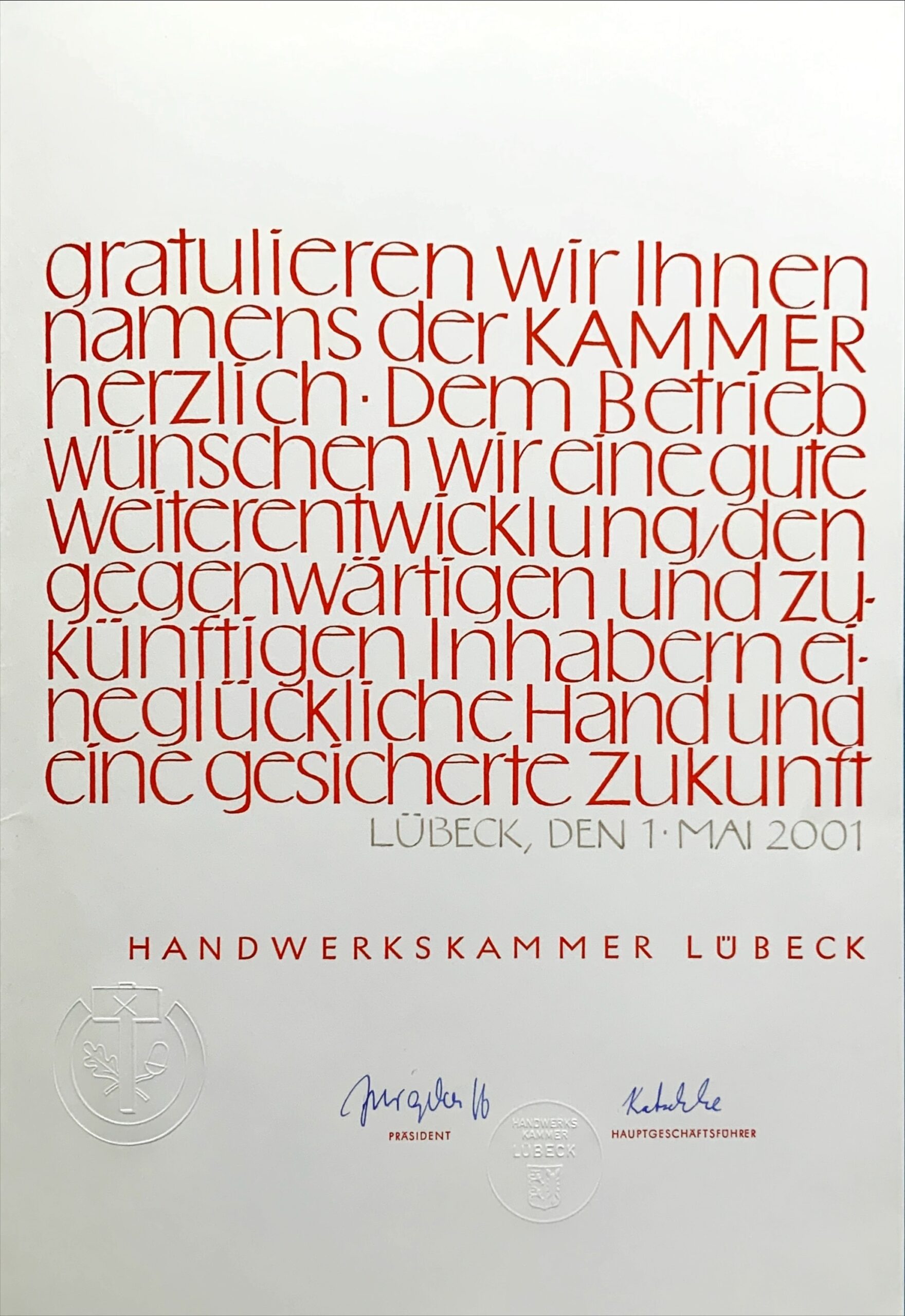 2001 AuszeichnungenZertifikate 75 JaehrigesBestehen HandwerkskammerLuebeck Seite2 scaled