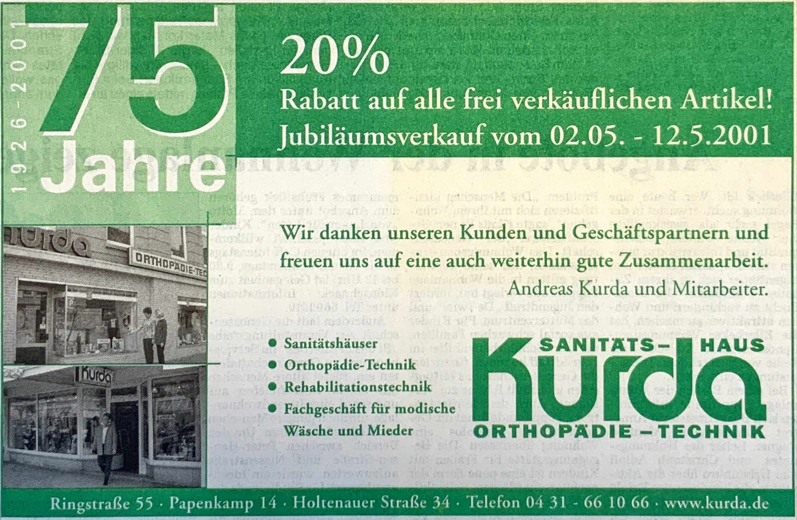 Medien und Presse 21 2001 MedienPresse Anzeige75JahreJubilaeumsverkauf KielerNachrichten scaled