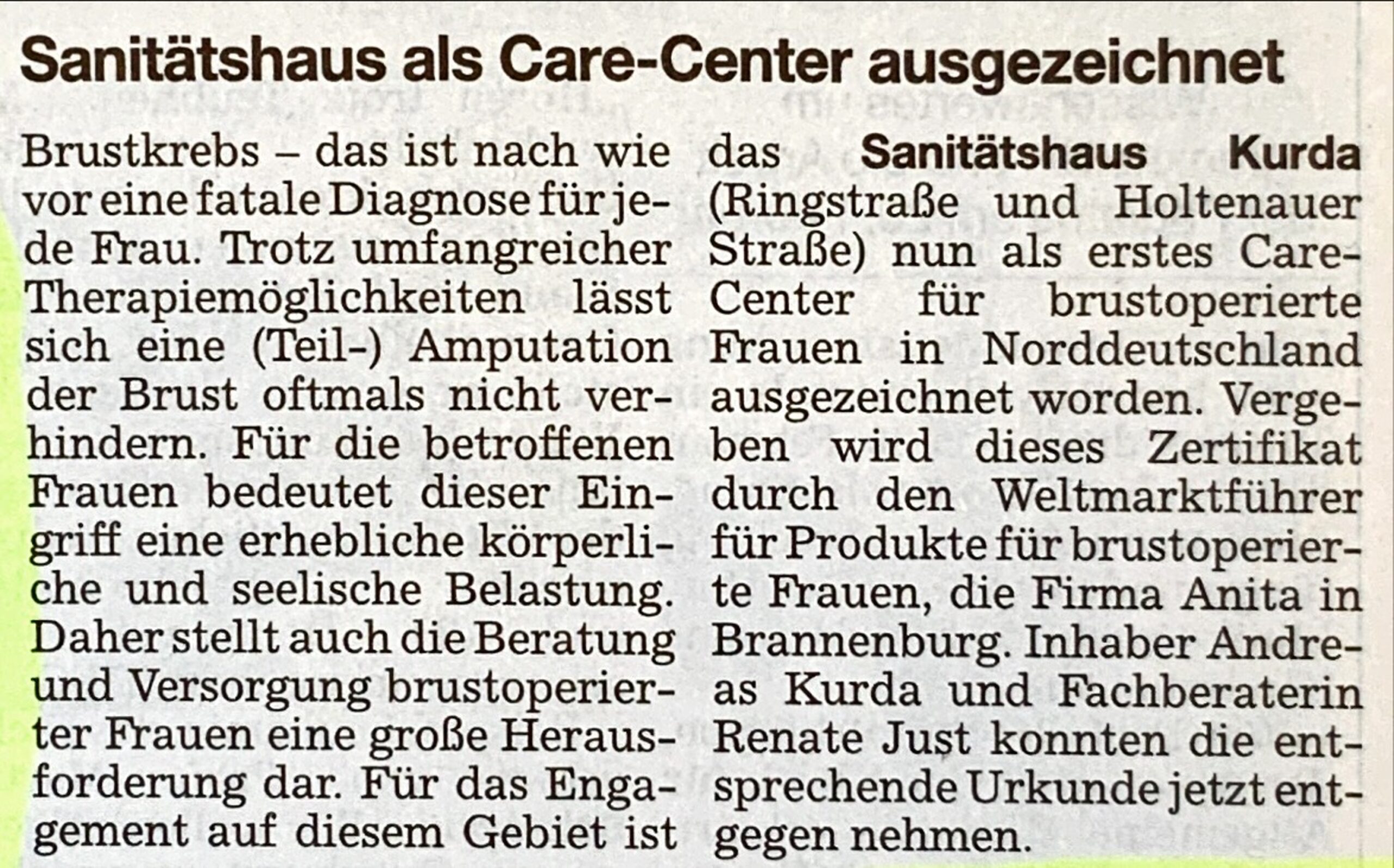 Medien und Presse 23 2005 MedienPresse ArtikelAuszeichnungAlsCare Center KielerNachrichten scaled