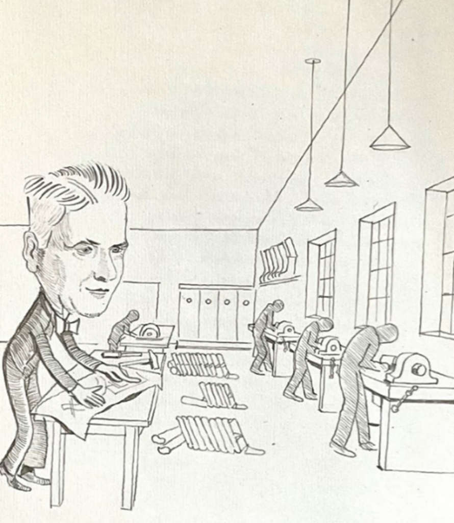 Historische Jubiläumszeichnung aus der Chronik von Richard Kurda: In einer Werkstatt des Sanitätshauses Kurda in Kiel ist Richard Kurda als gezeichnete Figur im Vordergrund an einem Arbeitstisch zu sehen, während im Hintergrund mehrere Mitarbeitende an Maschinen und Werkbänken arbeiten. Die Illustration vermittelt anschaulich die handwerkliche Atmosphäre, den Pioniergeist und die frühe Werkstattgeschichte des Unternehmens.