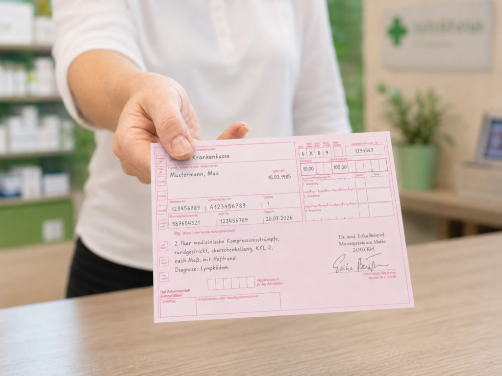 Rezept für Kompressionsstrümpfe: Was sollte auf der Verordnung stehen? 1 Rezept wird über die Ladentheke gereicht